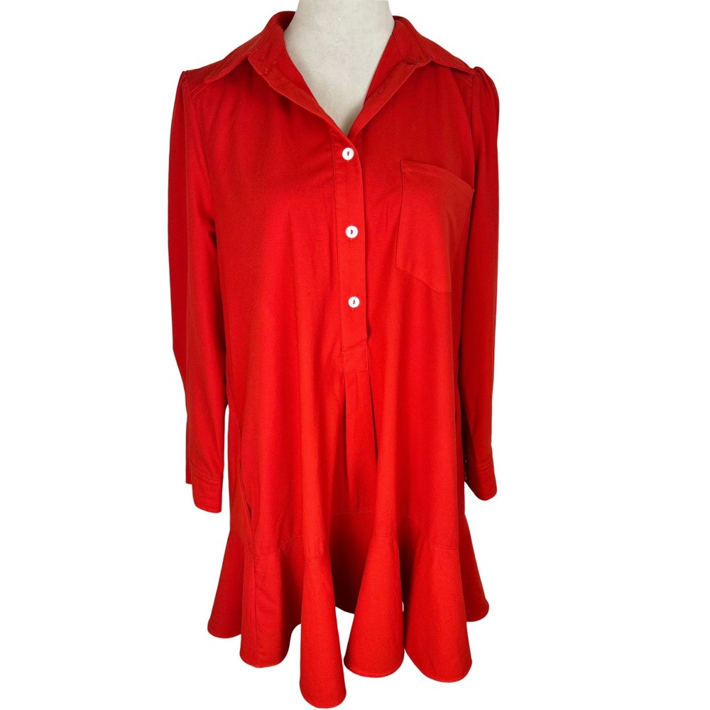 Pomander Place Red Long Sleeve Ruffle Hem Mini Shirt Dress Womens Size Medium